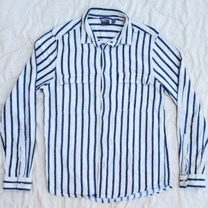 Asos Button Up Long Sleeve Dress Shirt Striped Nautical Beach Pool Summer Linen